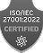 ISO/IEC 27001:2022 certified badge in gold and black colors.