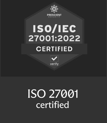 Hexagonal badge showing Prescient Security's ISO/IEC 27001:2022 certification with a verify checkmark and text 'ISO 27001 certified'.