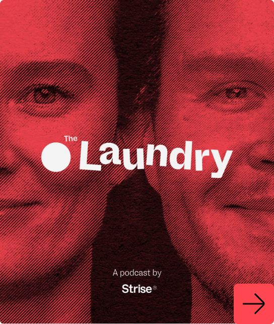 Red-tinted stylized image of two smiling faces with text 'The Laundry' and 'A podcast by Strise' overlayed.