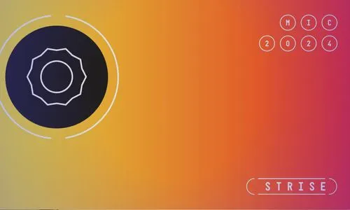 Abstract black gear icon inside concentric circles on a gradient yellow to red background with circled text 'MIC 2024' and 'STRISE'.