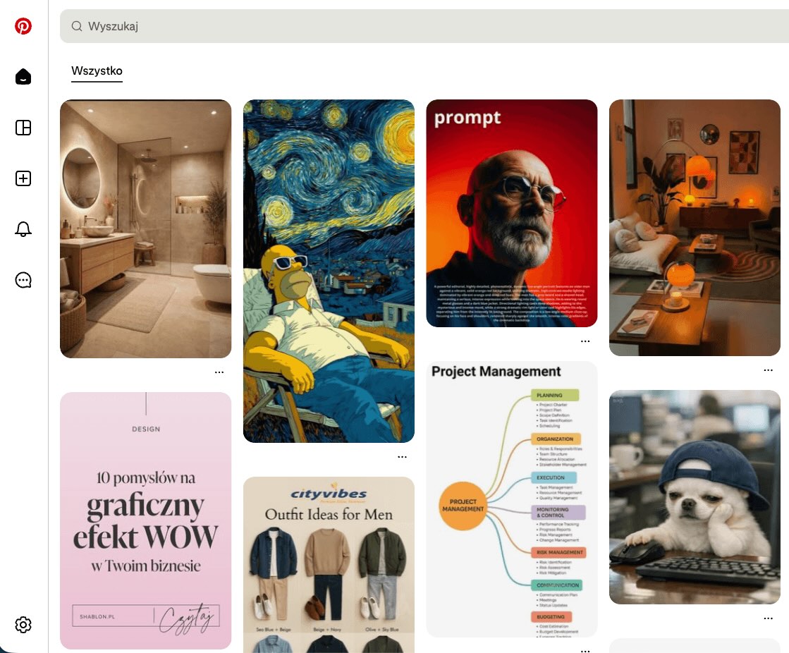 Wygląd okna aplikacji Pinterest