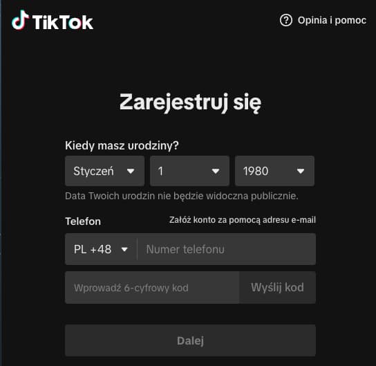zakładanie konta na TikToku