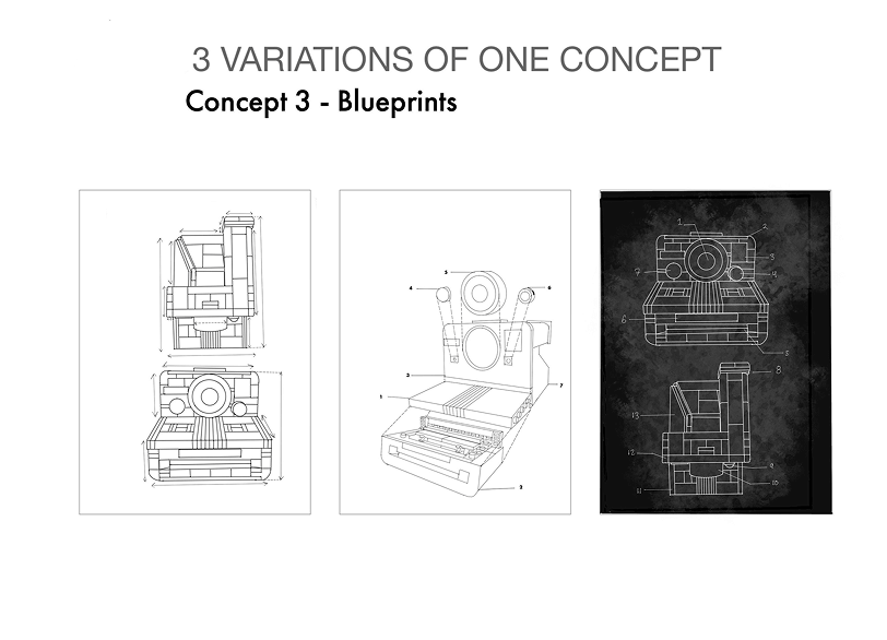 Three technical blueprints showing different views and dimensions of a vintage instant camera, labeled as Concept 3.