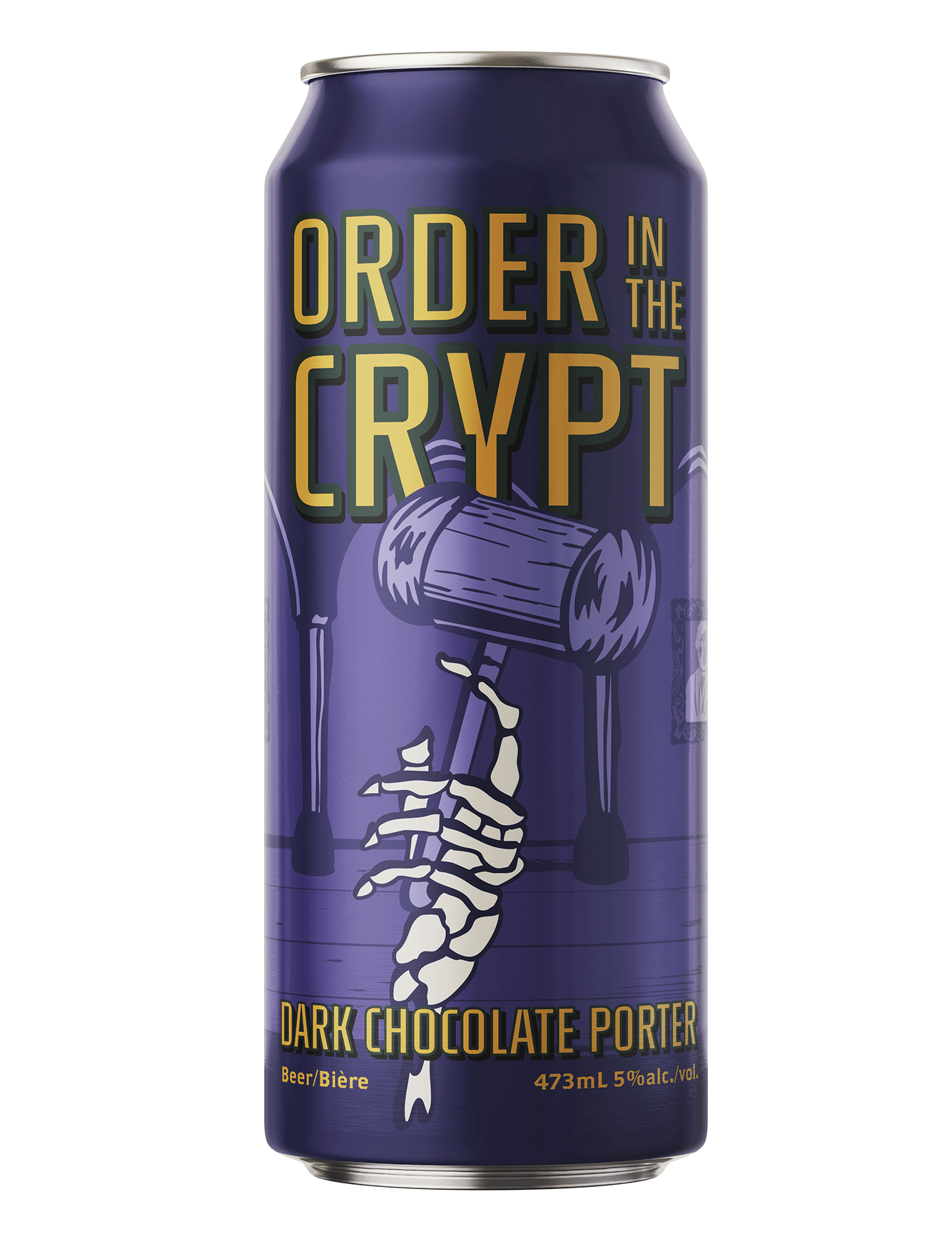 Purple can labeled Order in the Crypt dark chocolate porter beer featuring a skeletal hand holding a gavel.
