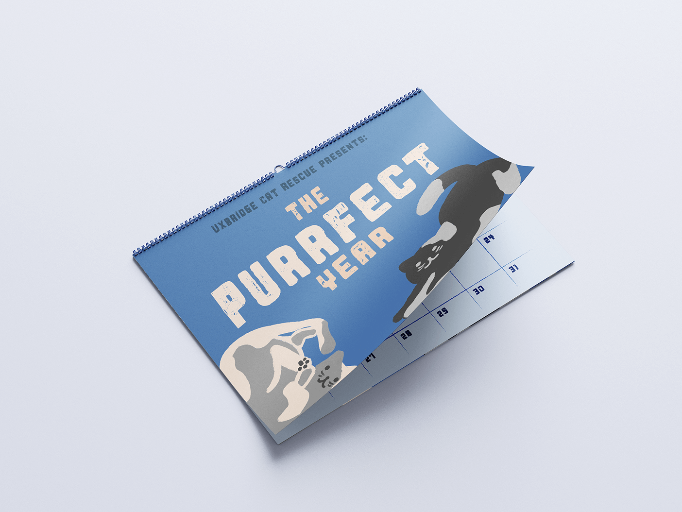 A blue wall calendar titled 'The Puraffect Year' with illustrations of two stretching cats and text 'Uxbridge Cat Rescue Presents'.