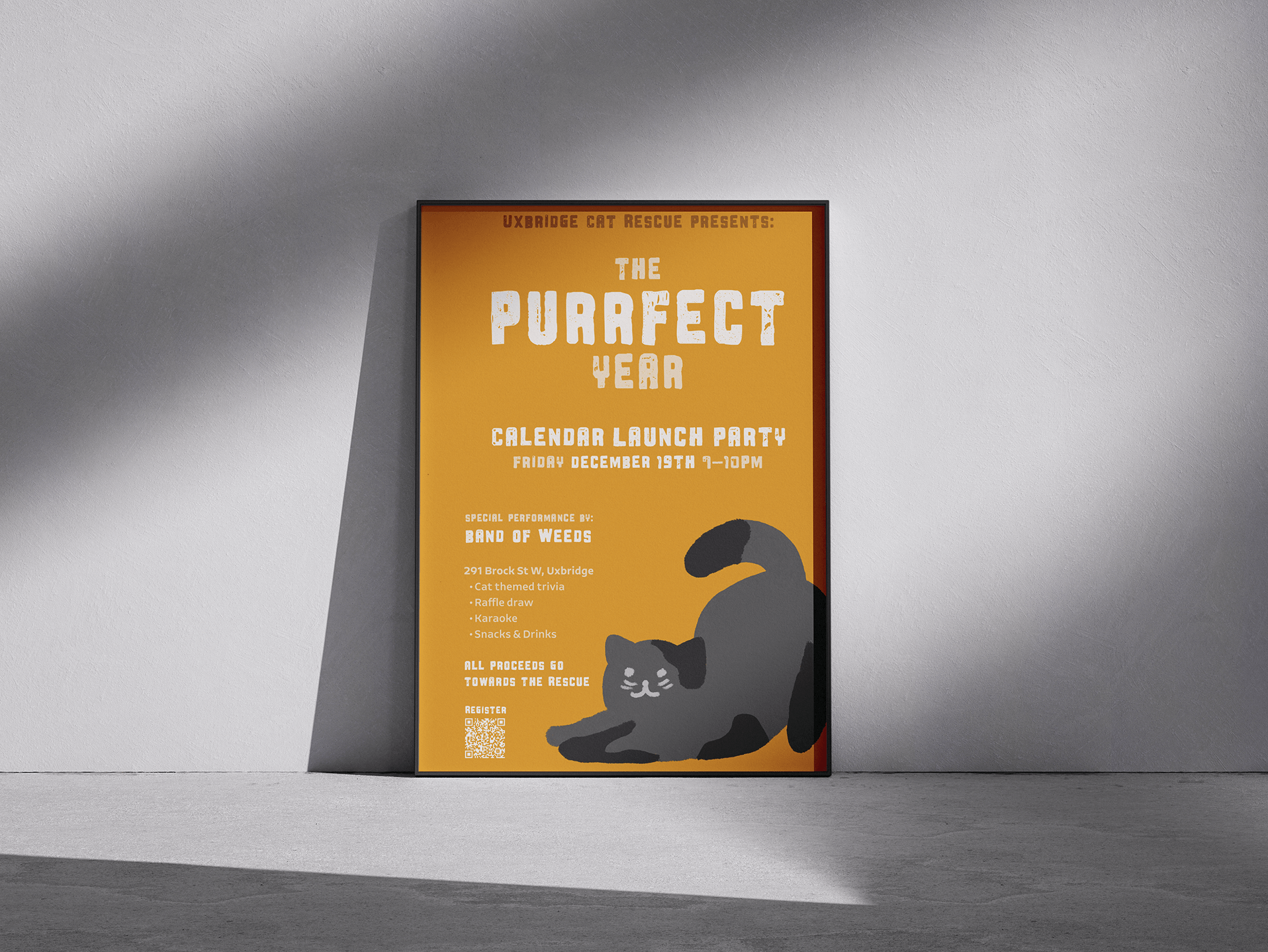 Orange poster with white text for Uxbridge Cat Rescue’s calendar launch party featuring a stretching gray cat illustration.