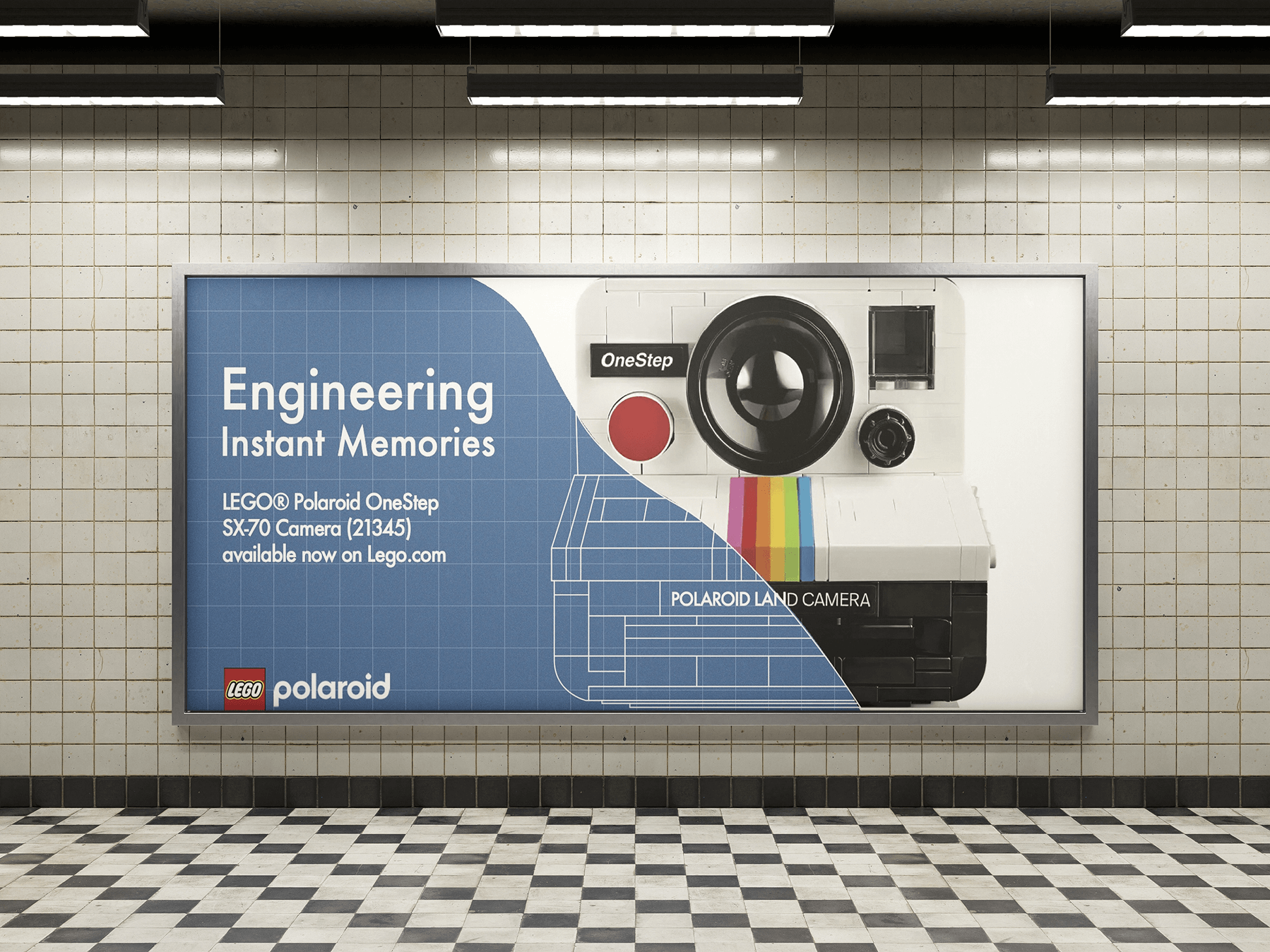 Subway billboard advertising LEGO Polaroid OneStep SX-70 camera set with a split image showing a LEGO blueprint and real camera.