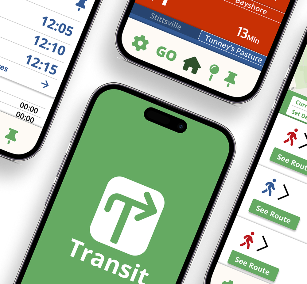 Close-up of four smartphones displaying different screens of a Transit app, including a green home screen with the Transit logo, a schedule, route options, and navigation tabs.