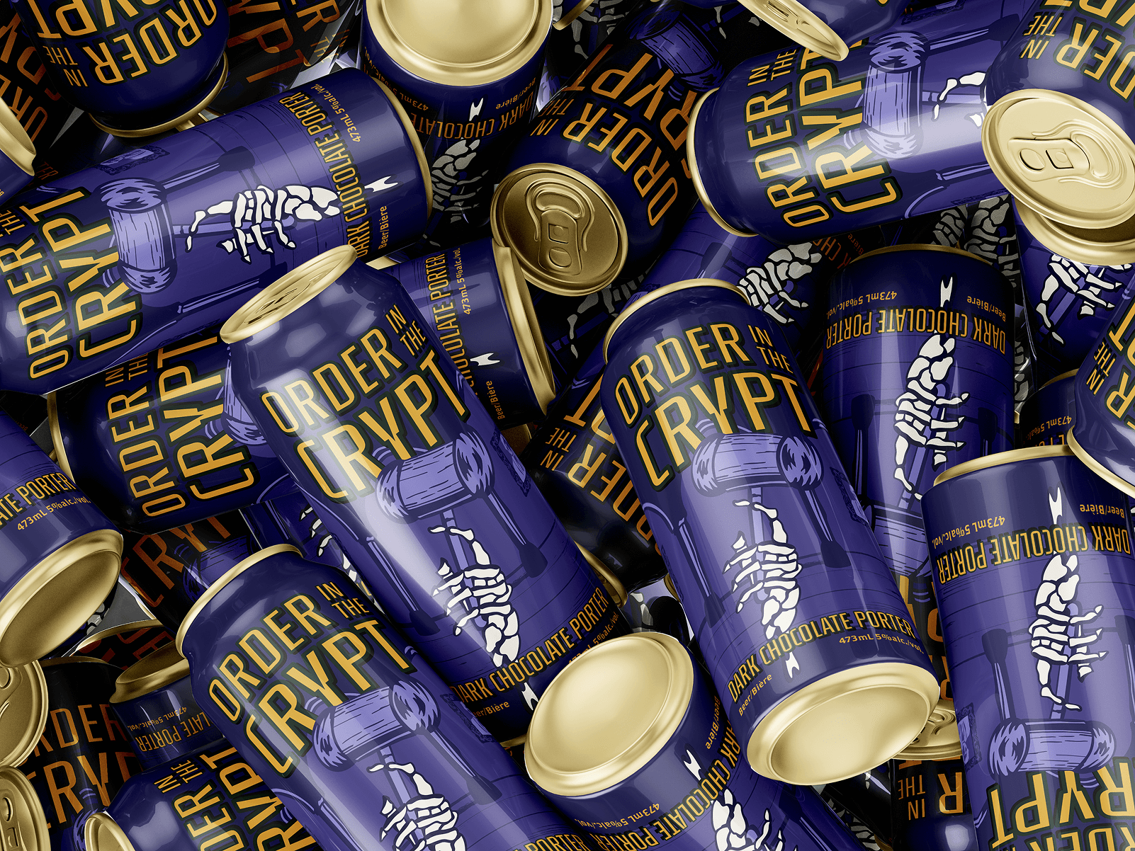Multiple cans of dark chocolate porter beer labeled 'Order in the Crypt' with a skeletal hand holding a mallet illustration on deep purple cans.