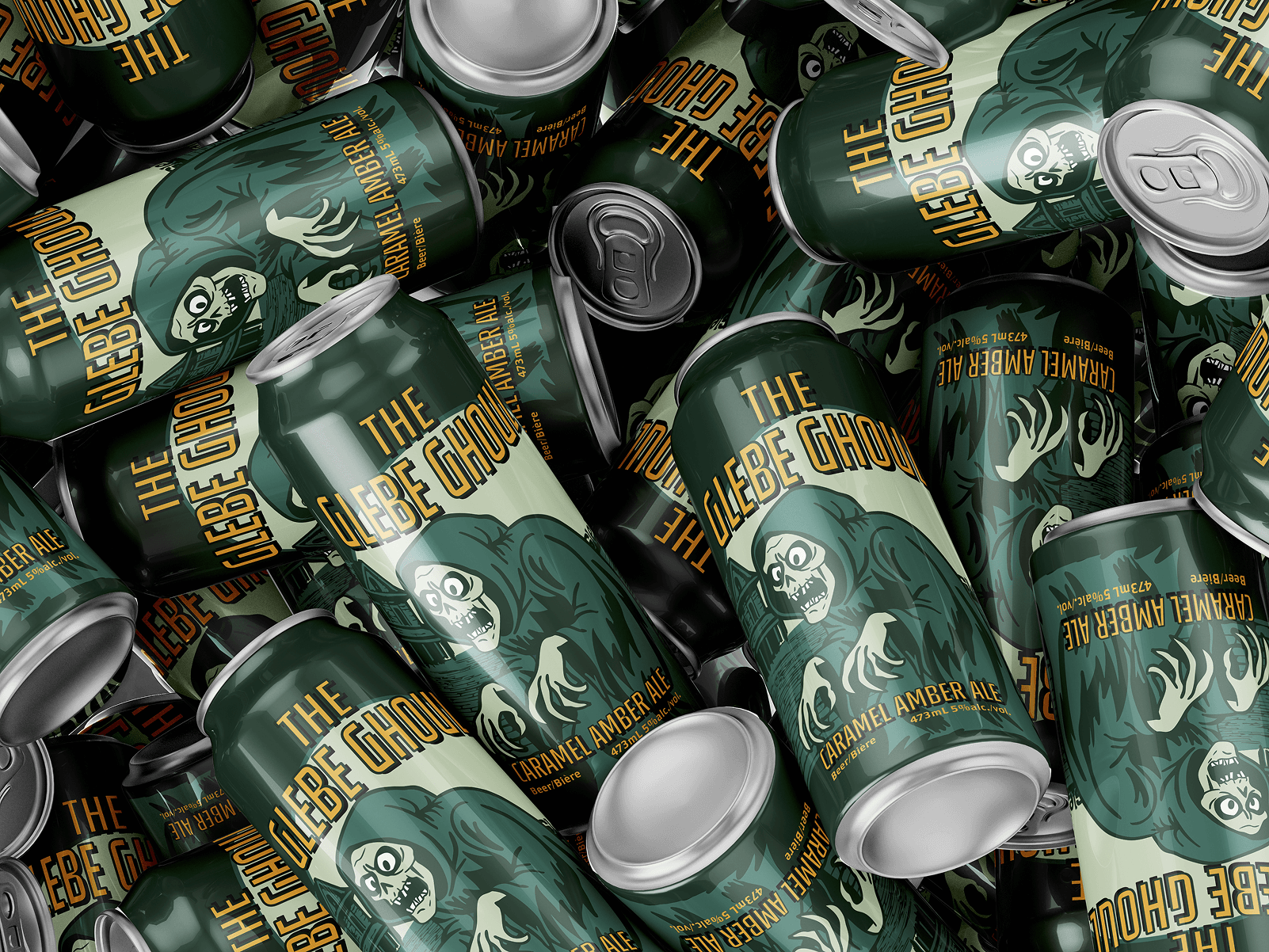 Stacked green cans of The Glebe Ghoul caramel amber ale featuring a spooky ghoul illustration.