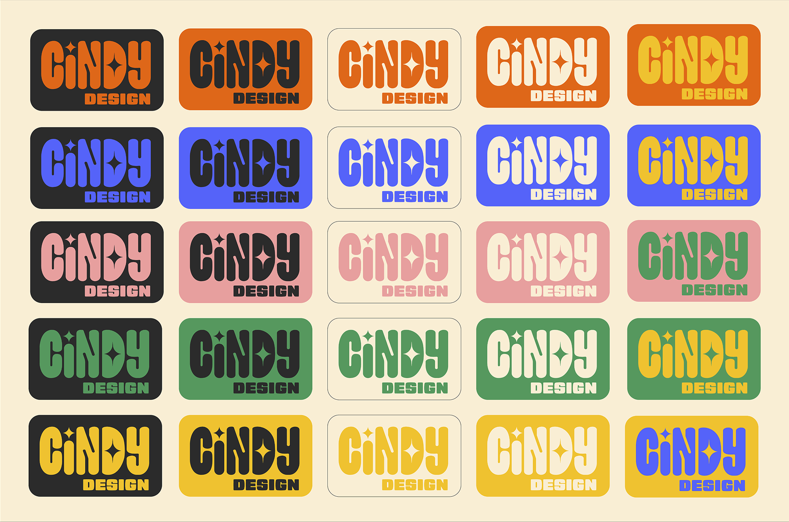 Grid of 25 colorful logo variations of the text 'CINDY DESIGN' in a retro font with star-shaped cutouts in the letters.