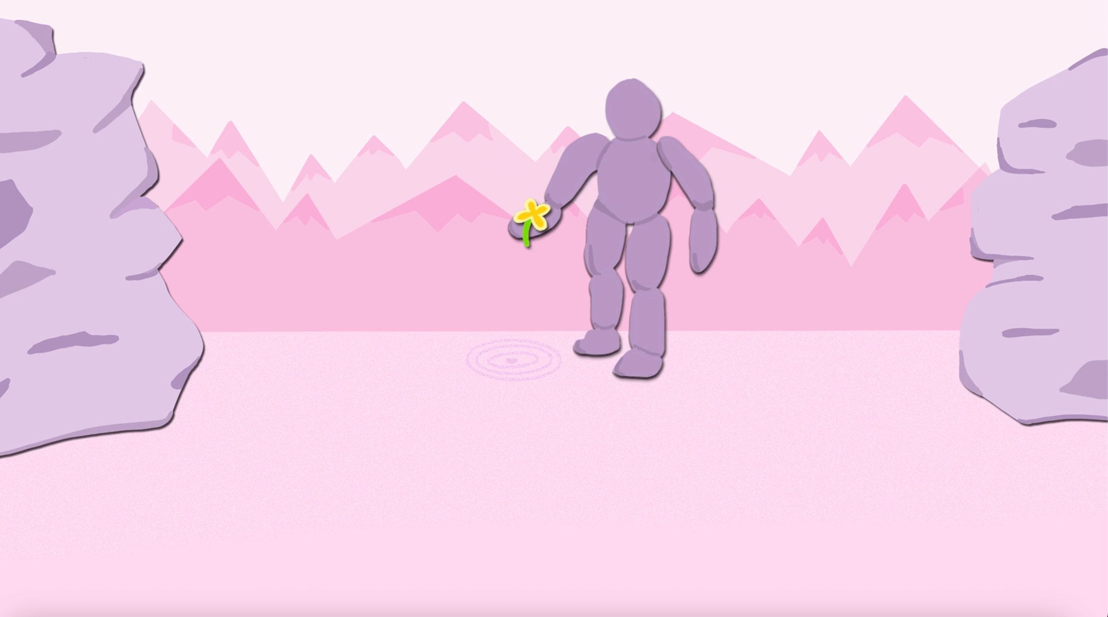 a purple rock figure standing in a zen garden holding a yellow flower