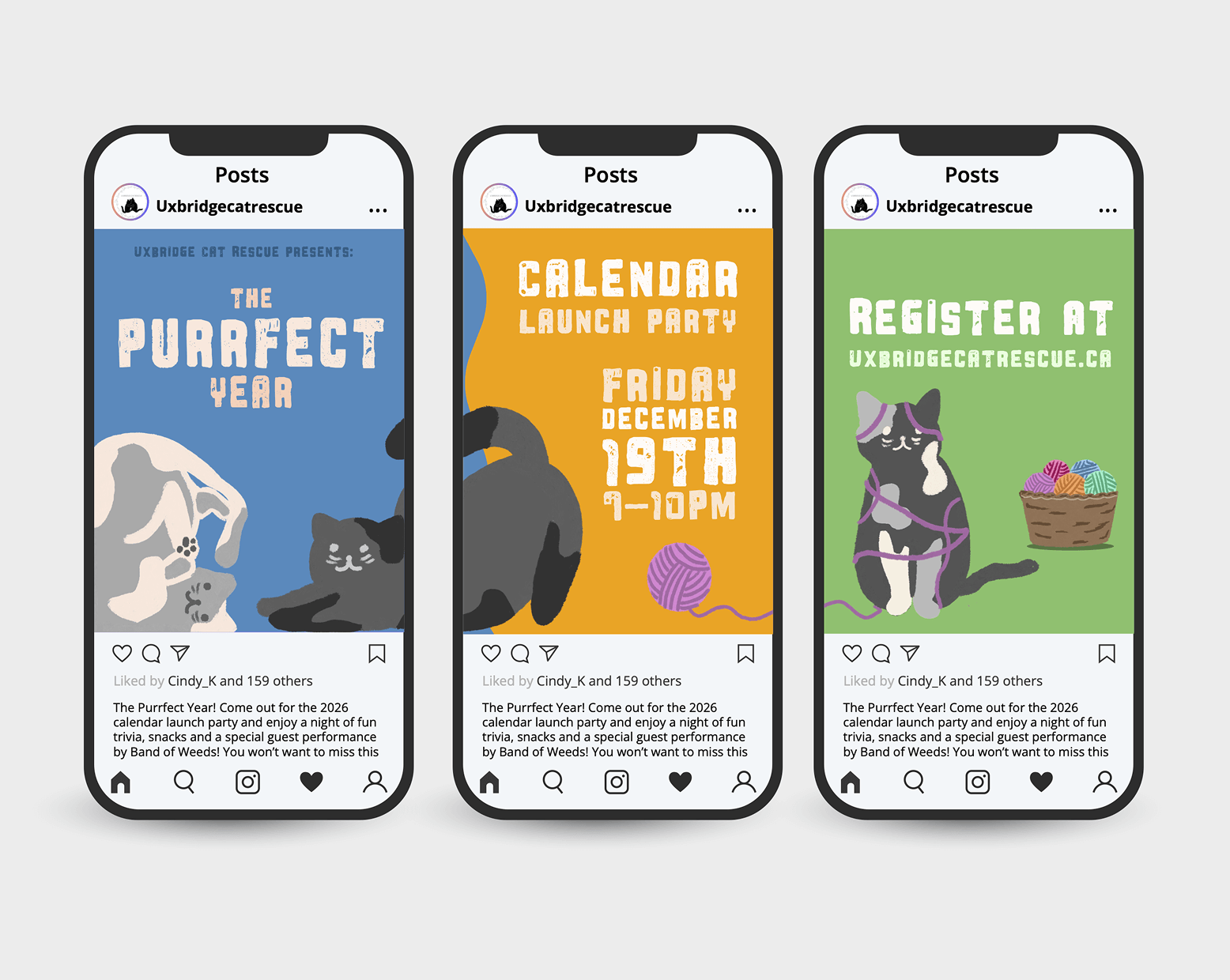 Three Instagram posts from Uxbridge Cat Rescue featuring a promotional event for a 2026 calendar launch party on December 19th, 7-10 PM, with illustrations of cats and yarn.