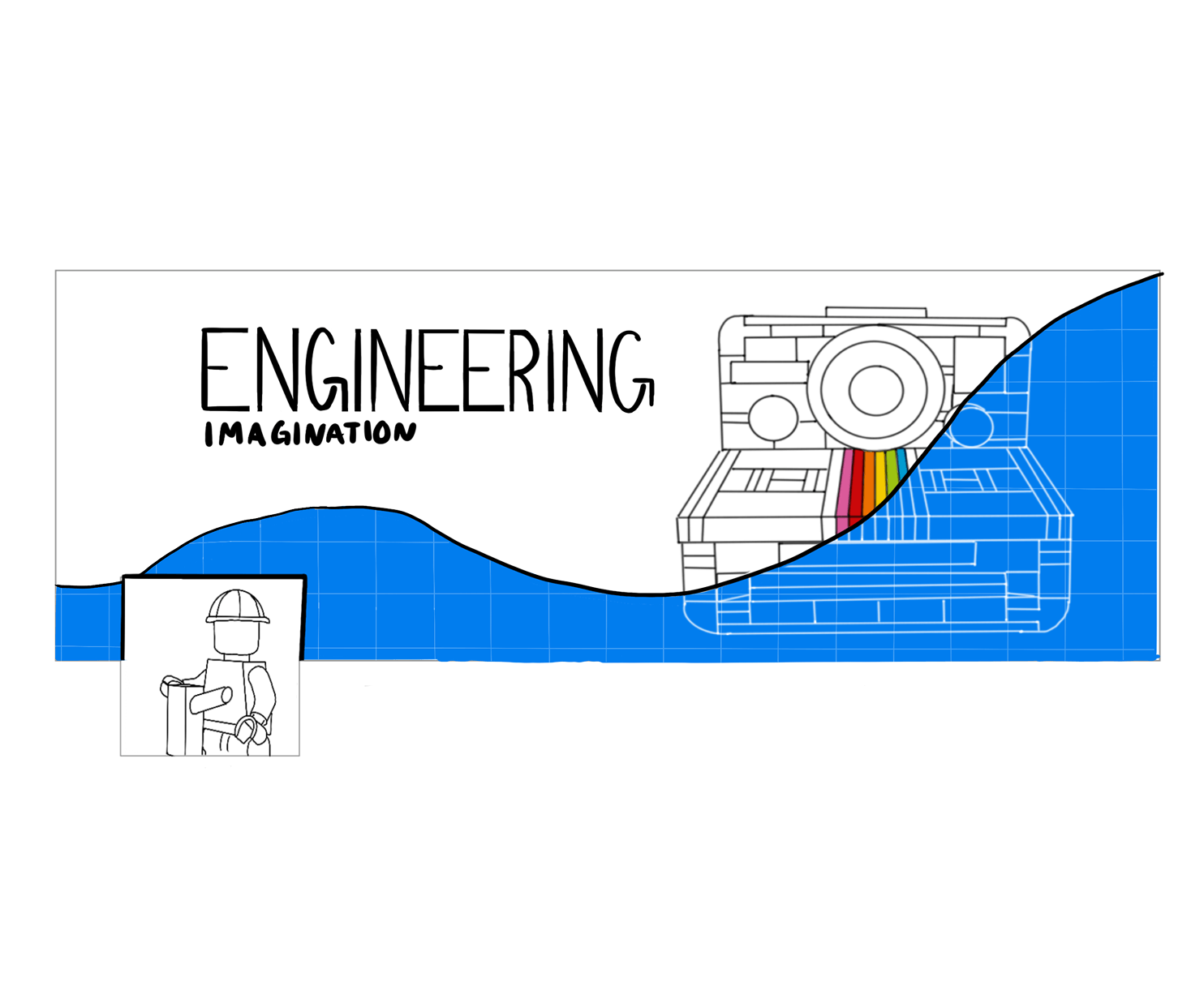 Line drawing of a retro camera with colored light beams and a construction worker figure next to the words 'ENGINEERING IMAGINATION' over a blue wave background.