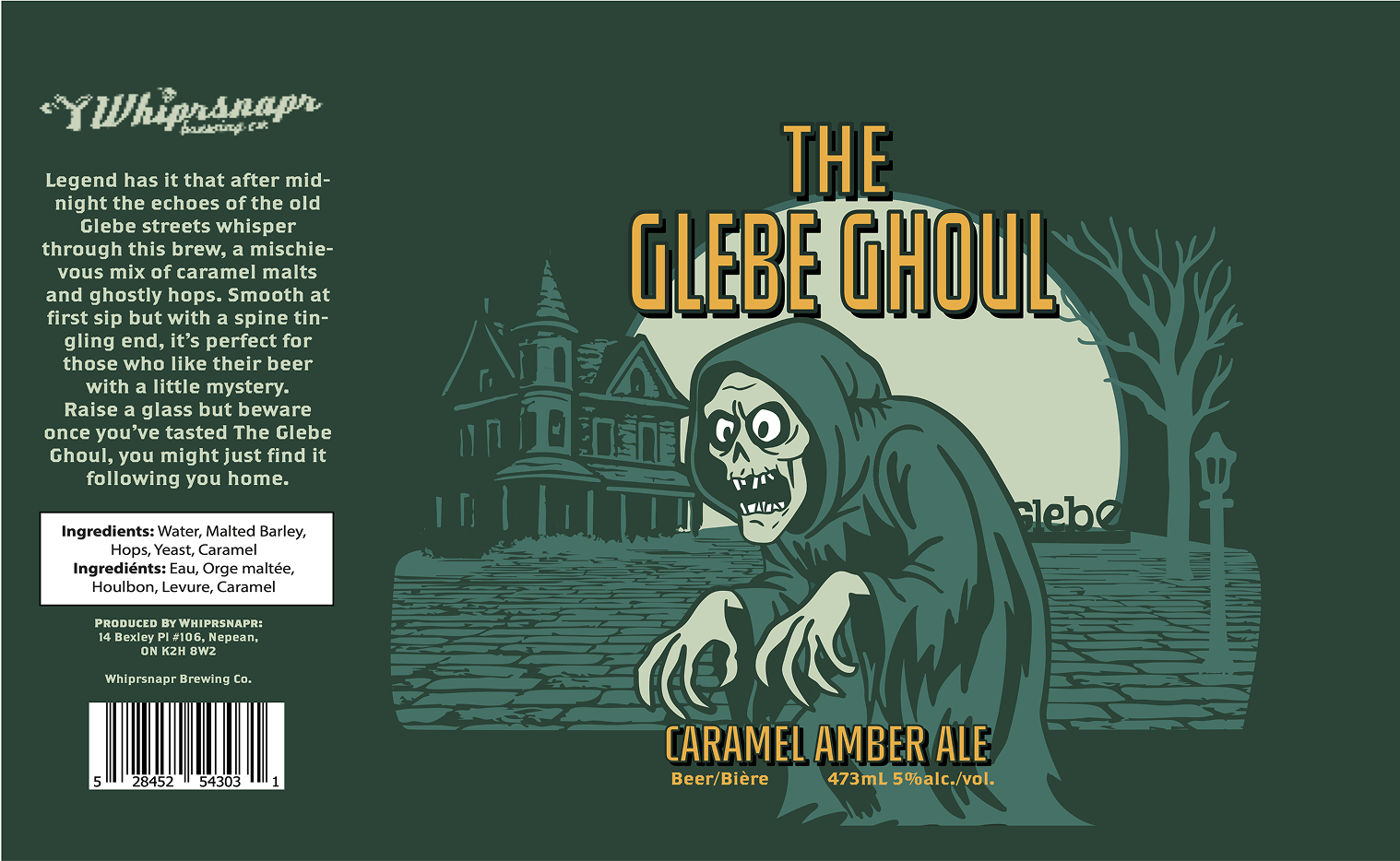 Label for The Glebe Ghoul Caramel Amber Ale featuring a spooky hooded ghoul in front of a Victorian house and full moon with product description and ingredients.