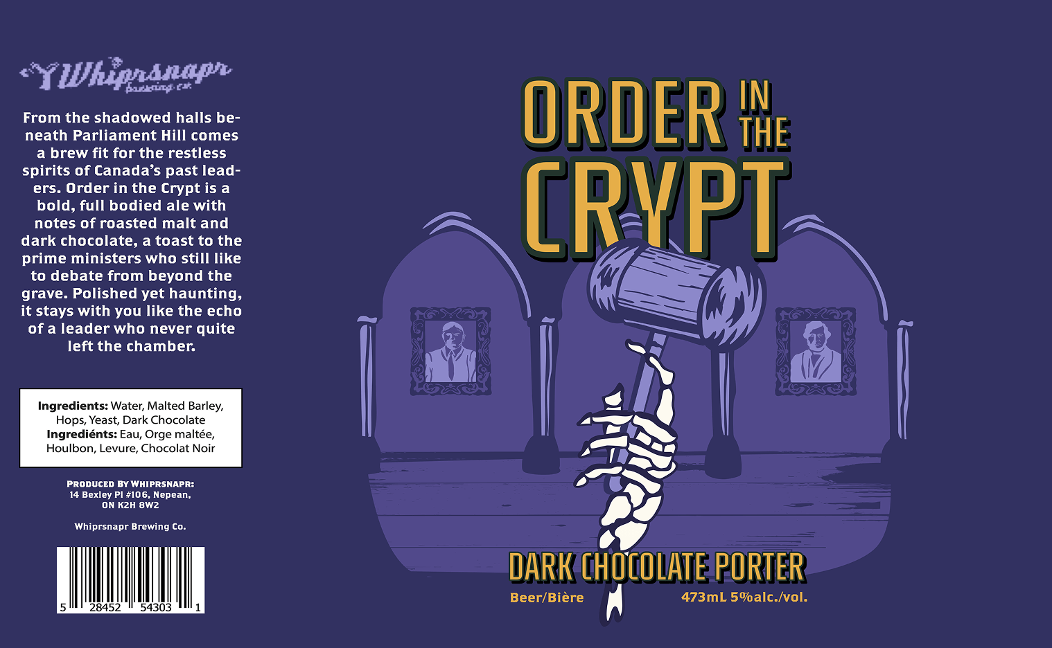 Dark purple beer label for 'Order in the Crypt' dark chocolate porter featuring a skeletal hand holding a gavel inside a crypt setting with portraits on the walls.