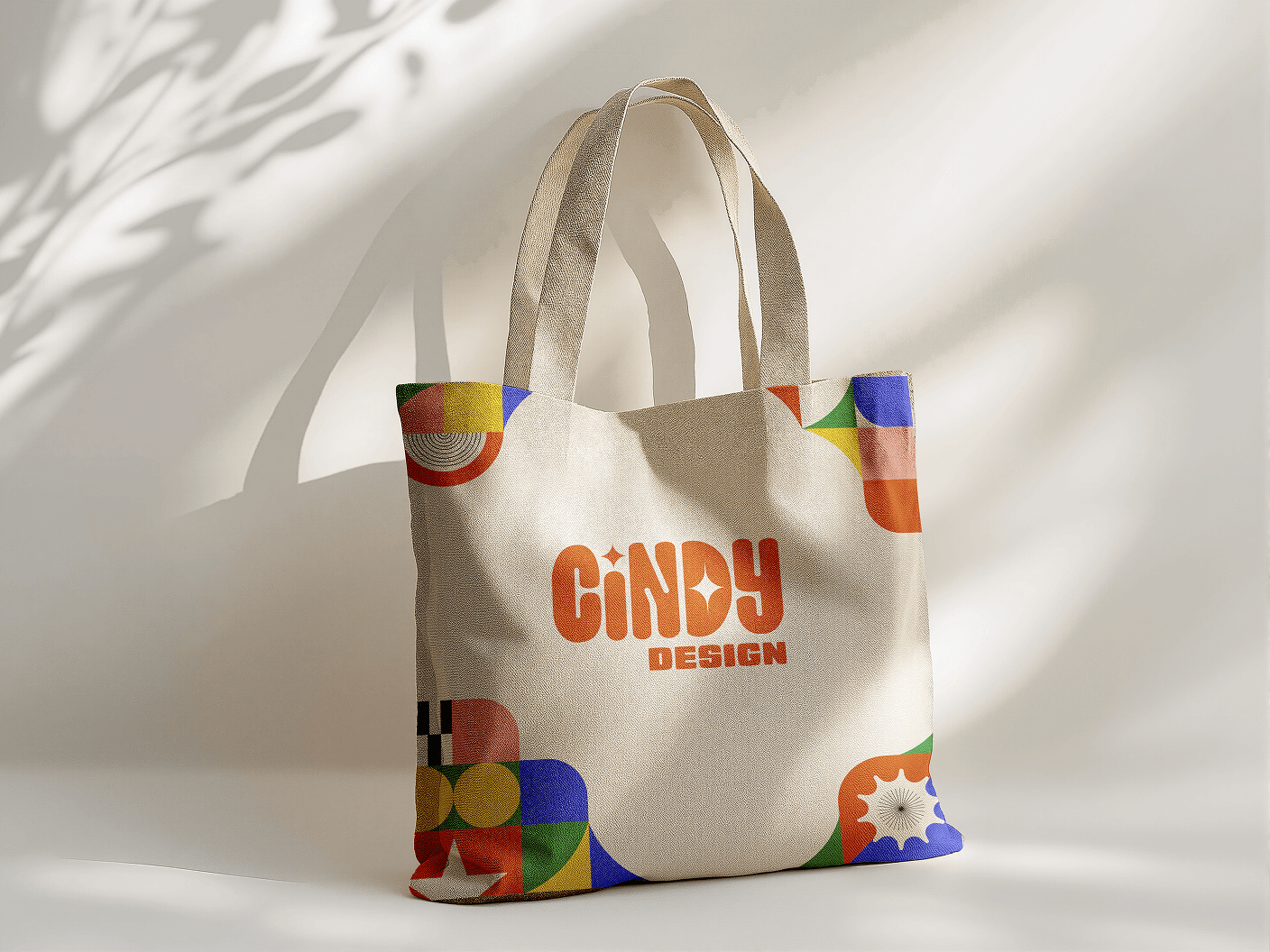 Beige tote bag with colorful geometric and star patterns and orange text reading Cindy Design on the front.