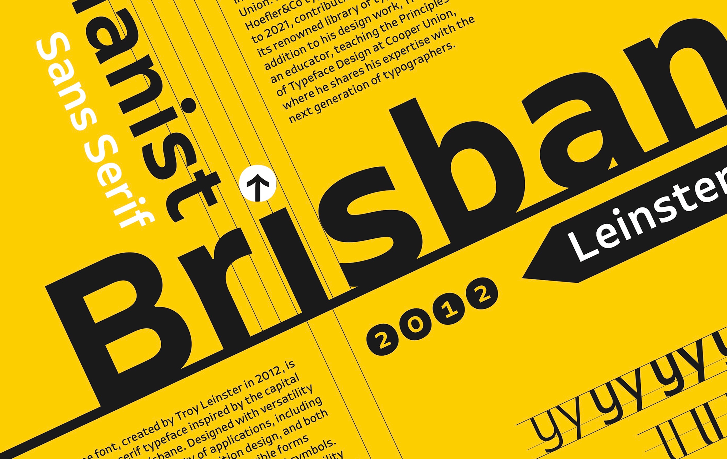 Close-up of bold black text 'Brisbane' and 'Leinster' on a bright yellow background with additional smaller text and graphic elements.