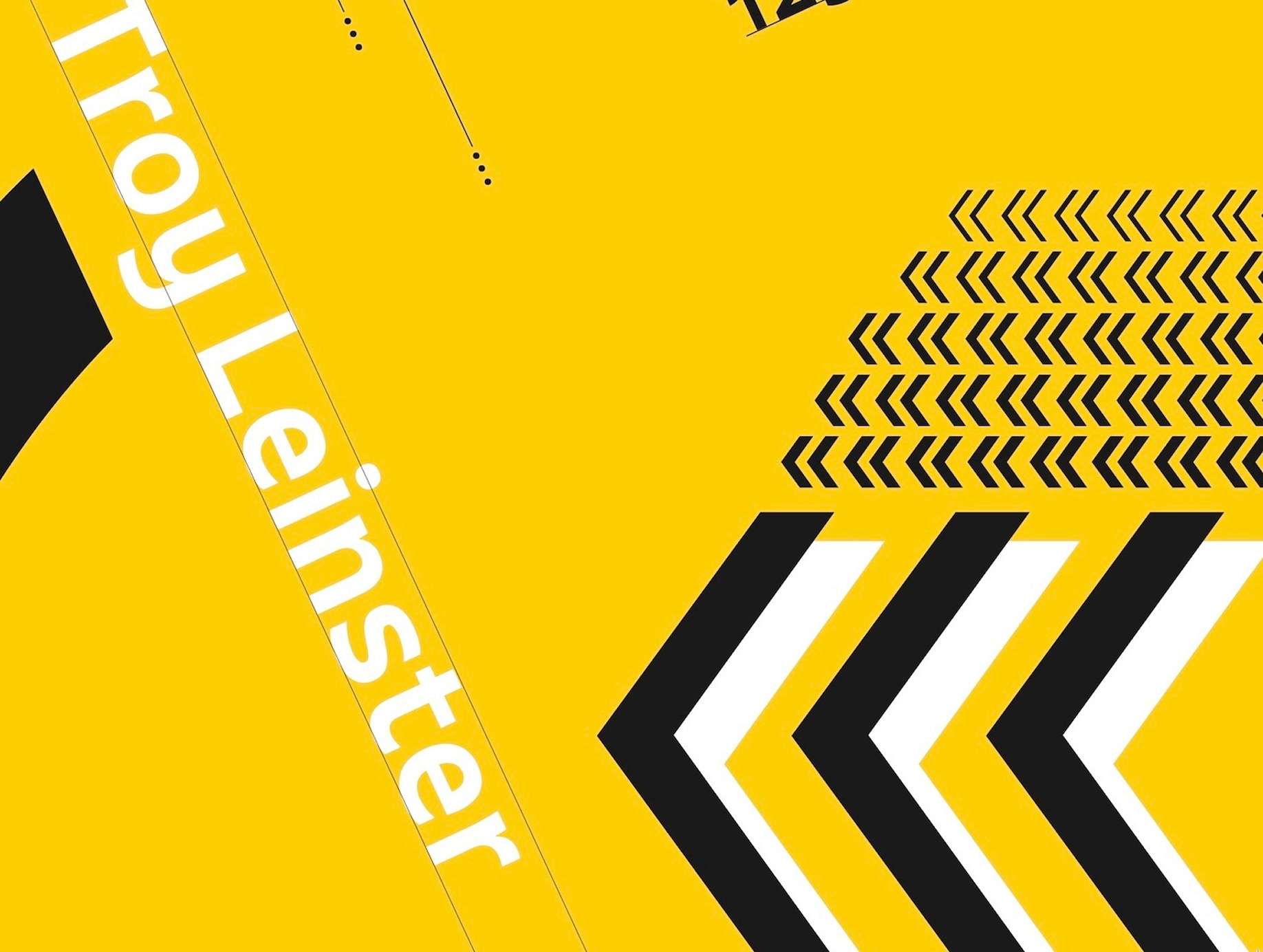Bold white text reading 'Troy Leinster' on a yellow background with large black and white left-pointing arrows and smaller layered black arrows above.