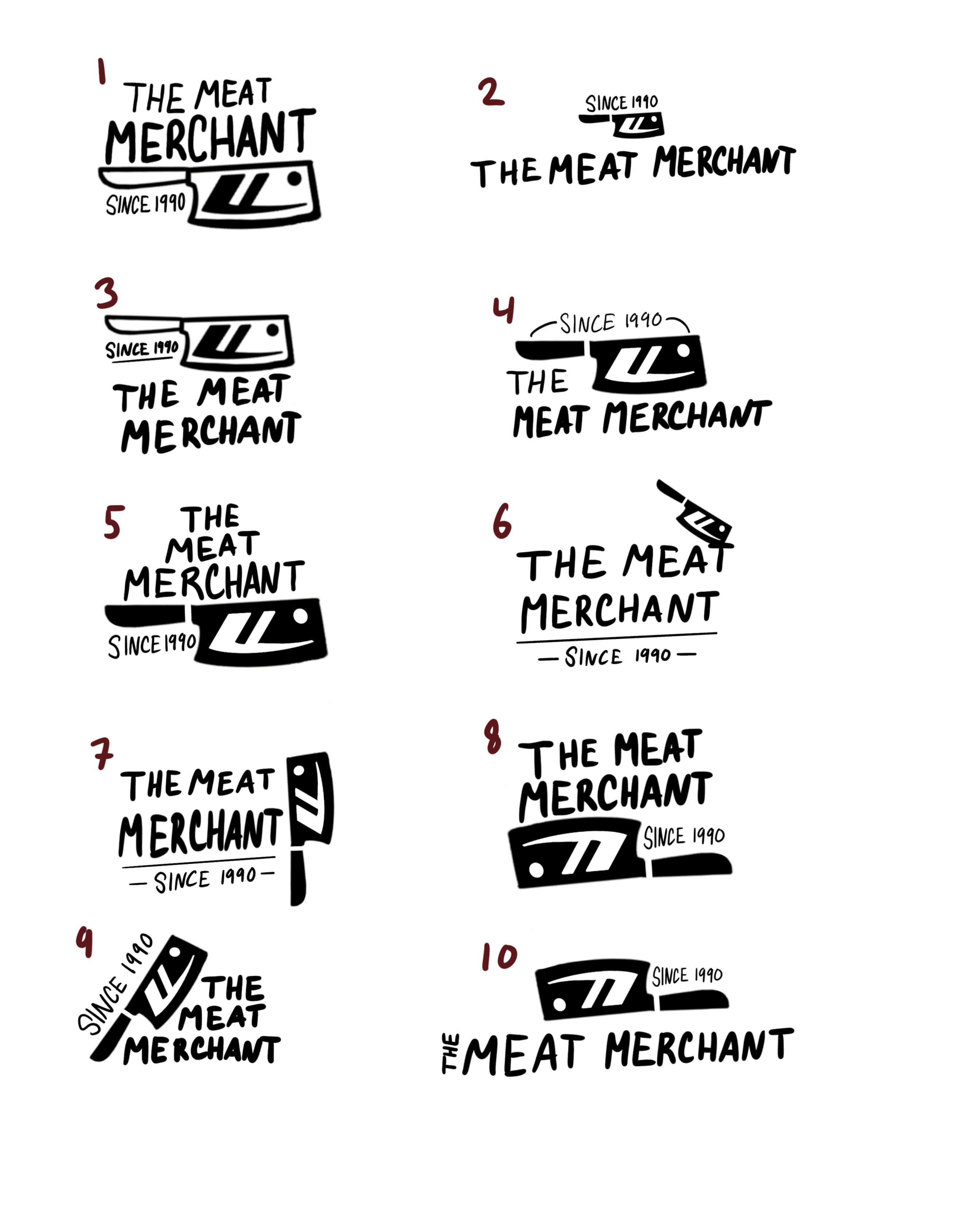 A grid of ten black-and-white logo sketches labeled 1 to 10, each featuring the text 'THE MEAT MERCHANT' and 'SINCE 1990' with a butcher knife illustration integrated differently in each design.
