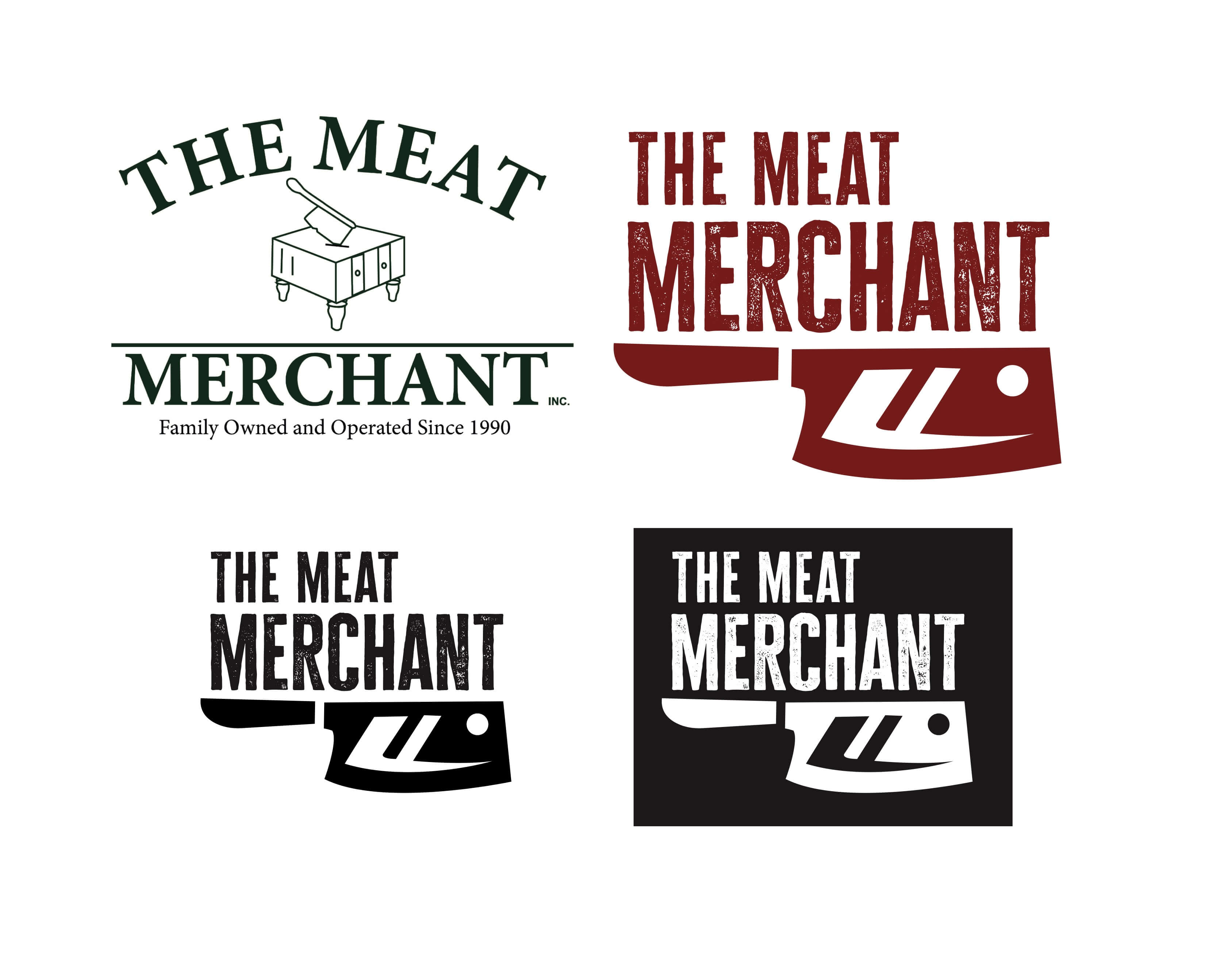 before and after of The Meat Merchant logo featuring stylized text and a butcher's cleaver or cutting table illustration.