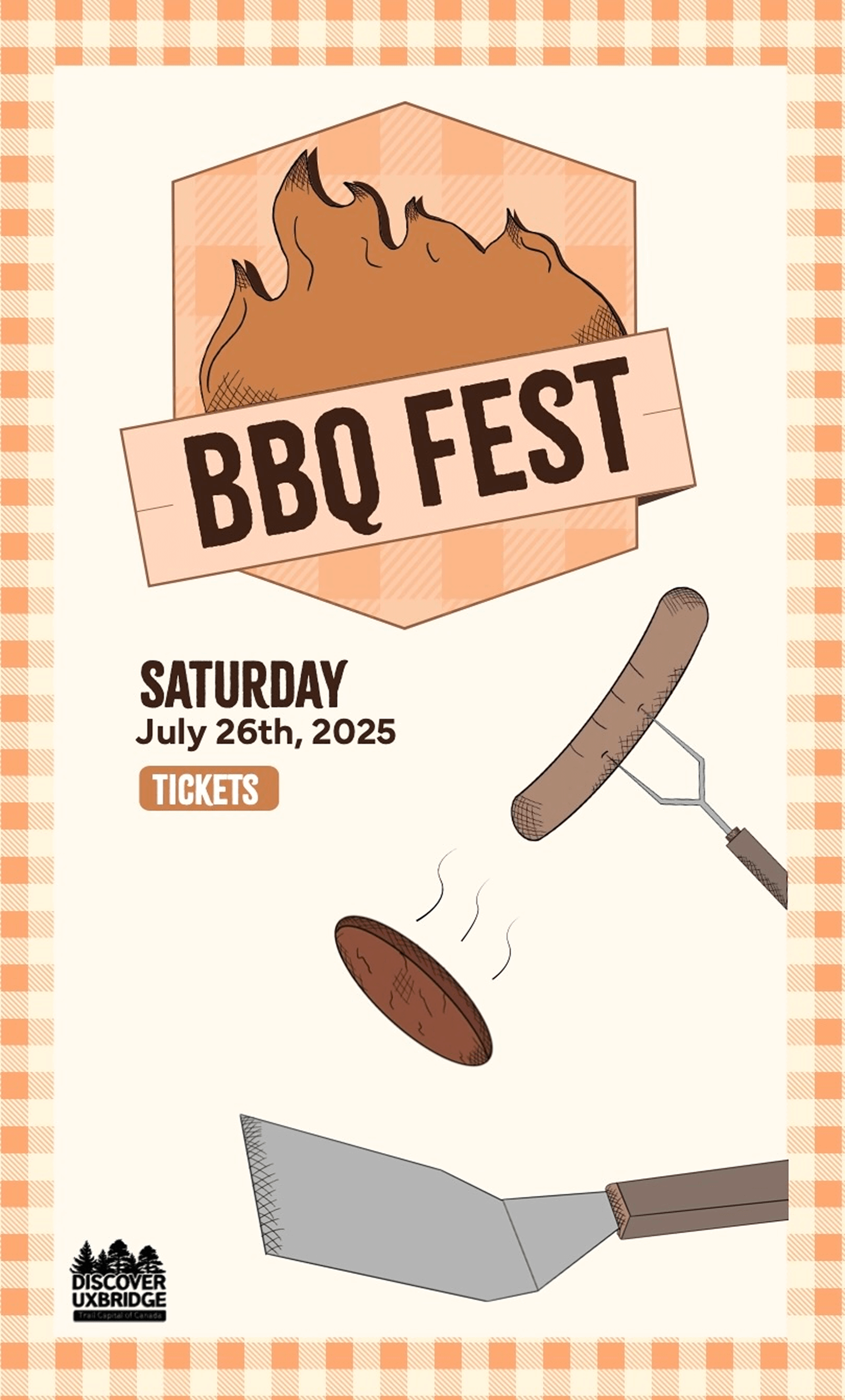 BBQ Fest poster with event date Saturday, July 26th, 2025, featuring illustrations of a sausage on a fork, a spatula, and a grilled burger patty on a checkered background.