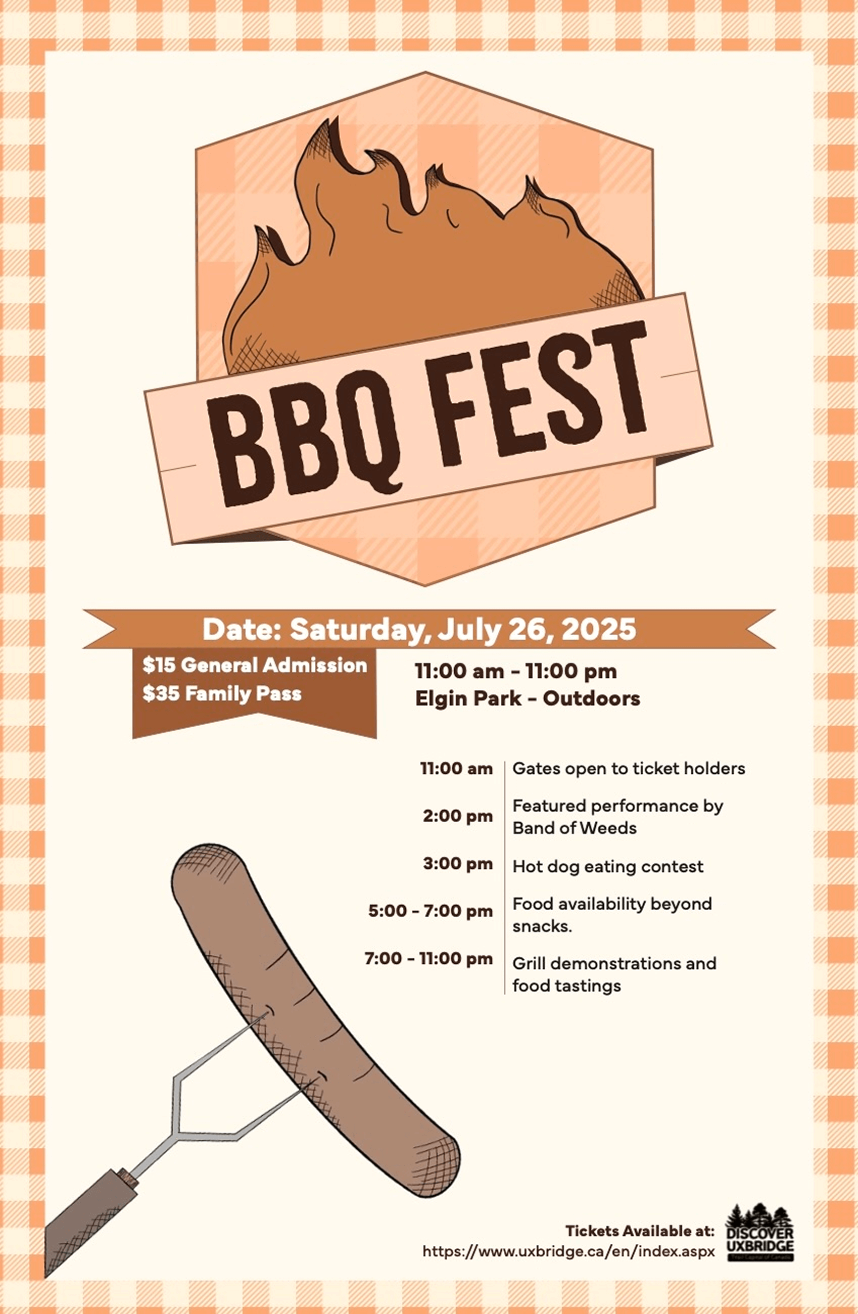 BBQ Fest poster with event date Saturday, July 26, 2025, at Elgin Park from 11 am to 11 pm, featuring a grilled sausage illustration and event schedule including a hot dog eating contest and band performance.