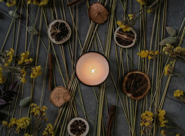 Lit candle surrounded by dried citrus slices, cinnamon sticks, and yellow flowers arranged on a dark surface.