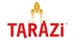 Tarazi Foods logo with red text and a stylized cluster of three golden wheat grains above it.