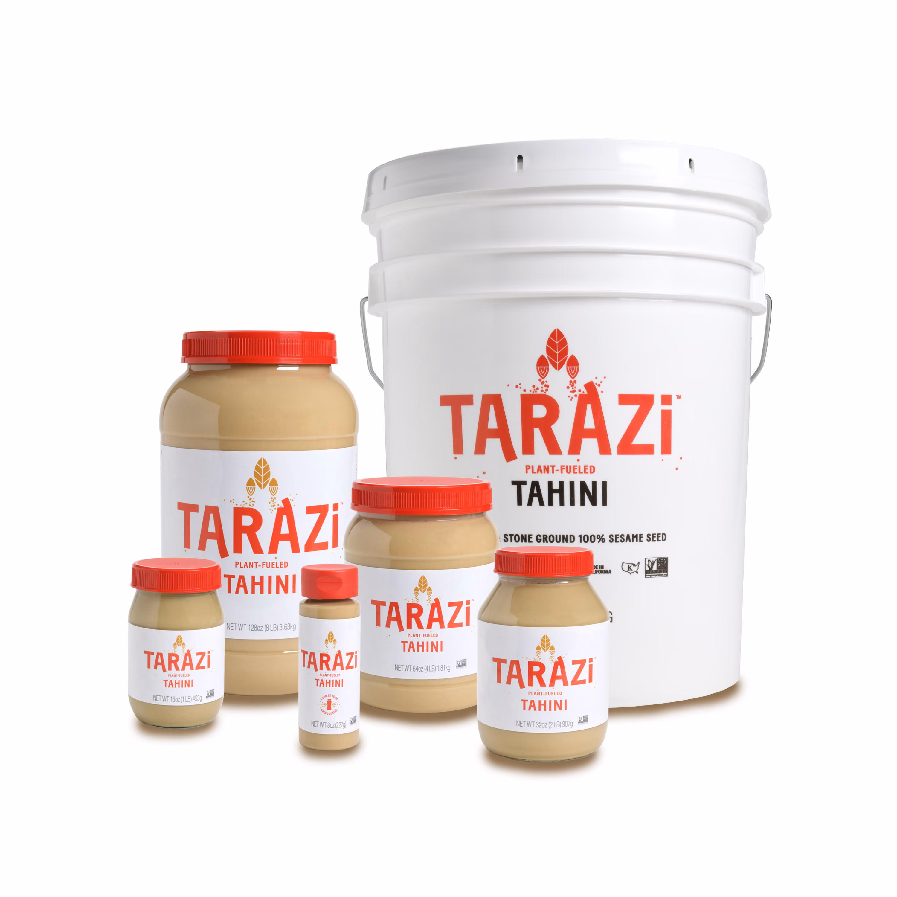 Six containers of Tarazi plant-fueled tahini in various sizes with white labels and red caps.