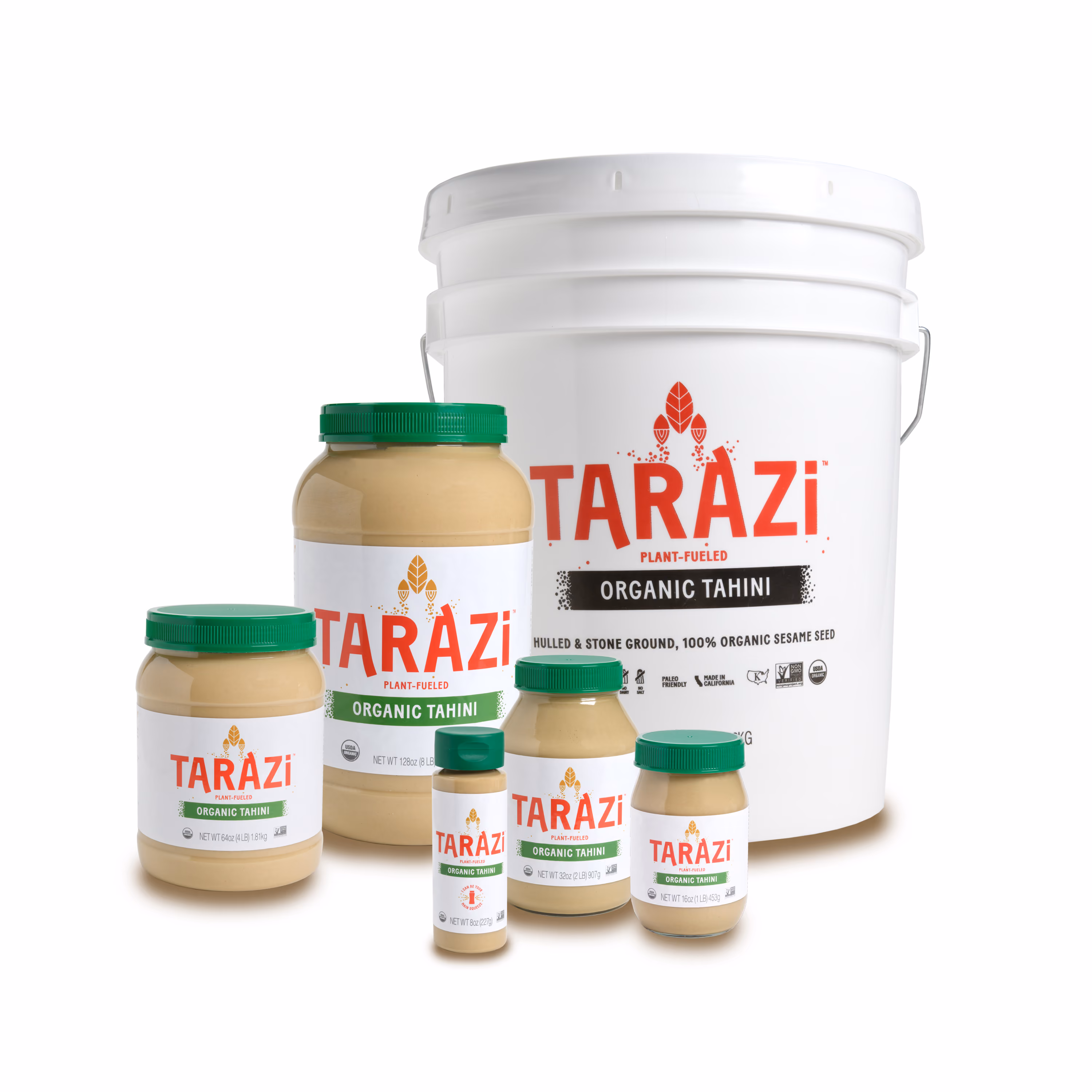 Six containers of Tarazi plant-fueled tahini in various sizes with white and red labels.