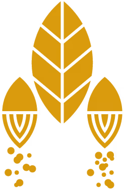 Stylized golden wheat stalk with two smaller grains shedding seeds on either side.