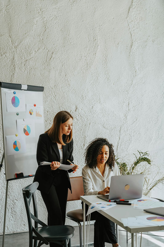 One woman sitting and one woman standing over her shoulder while both looking at laptop