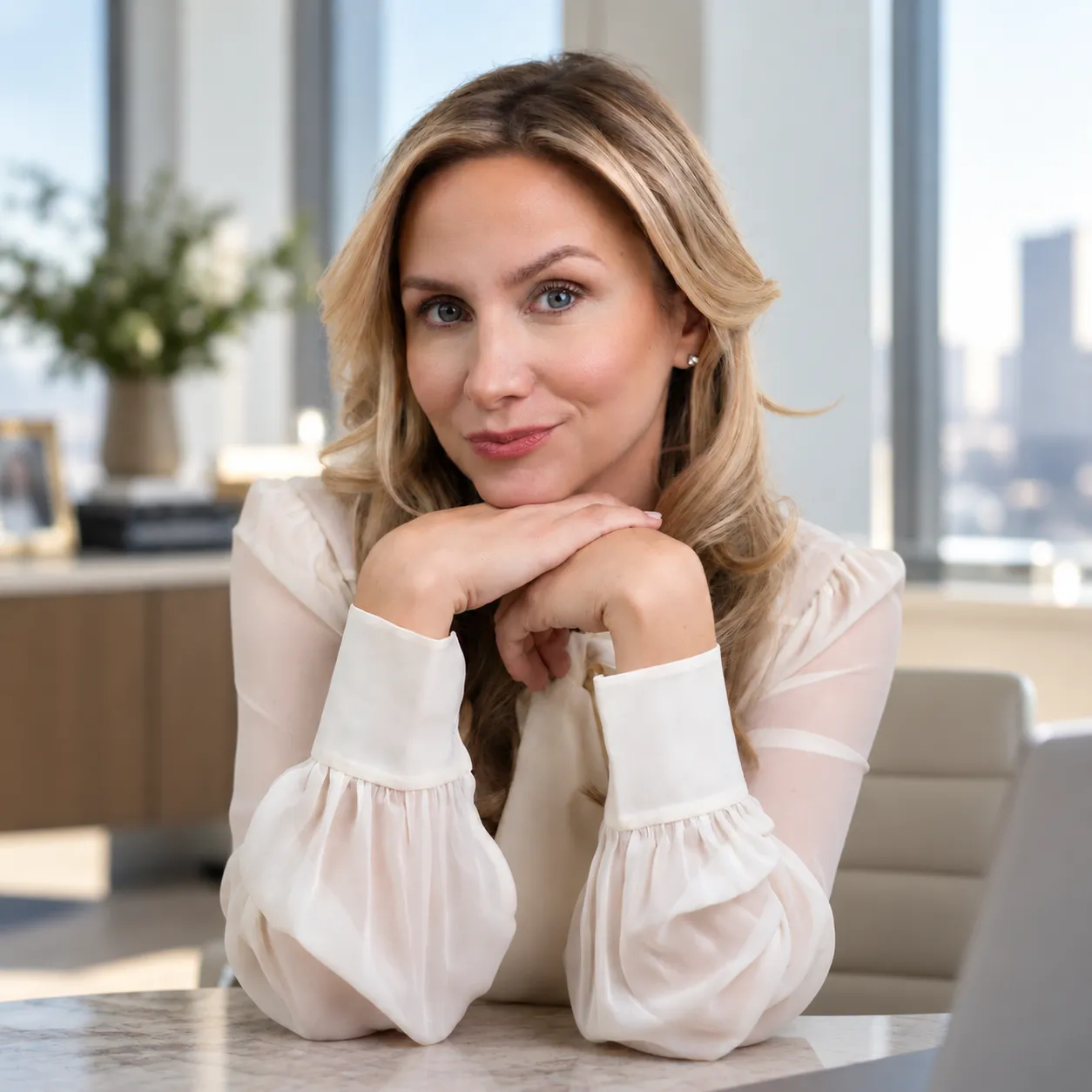 Christina Muller seated at a desk in an office overlooking the city