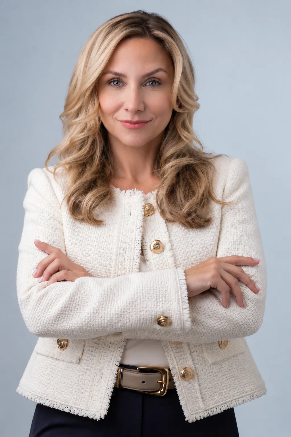 Christina Muller, studio portrait in a cream tweed jacket