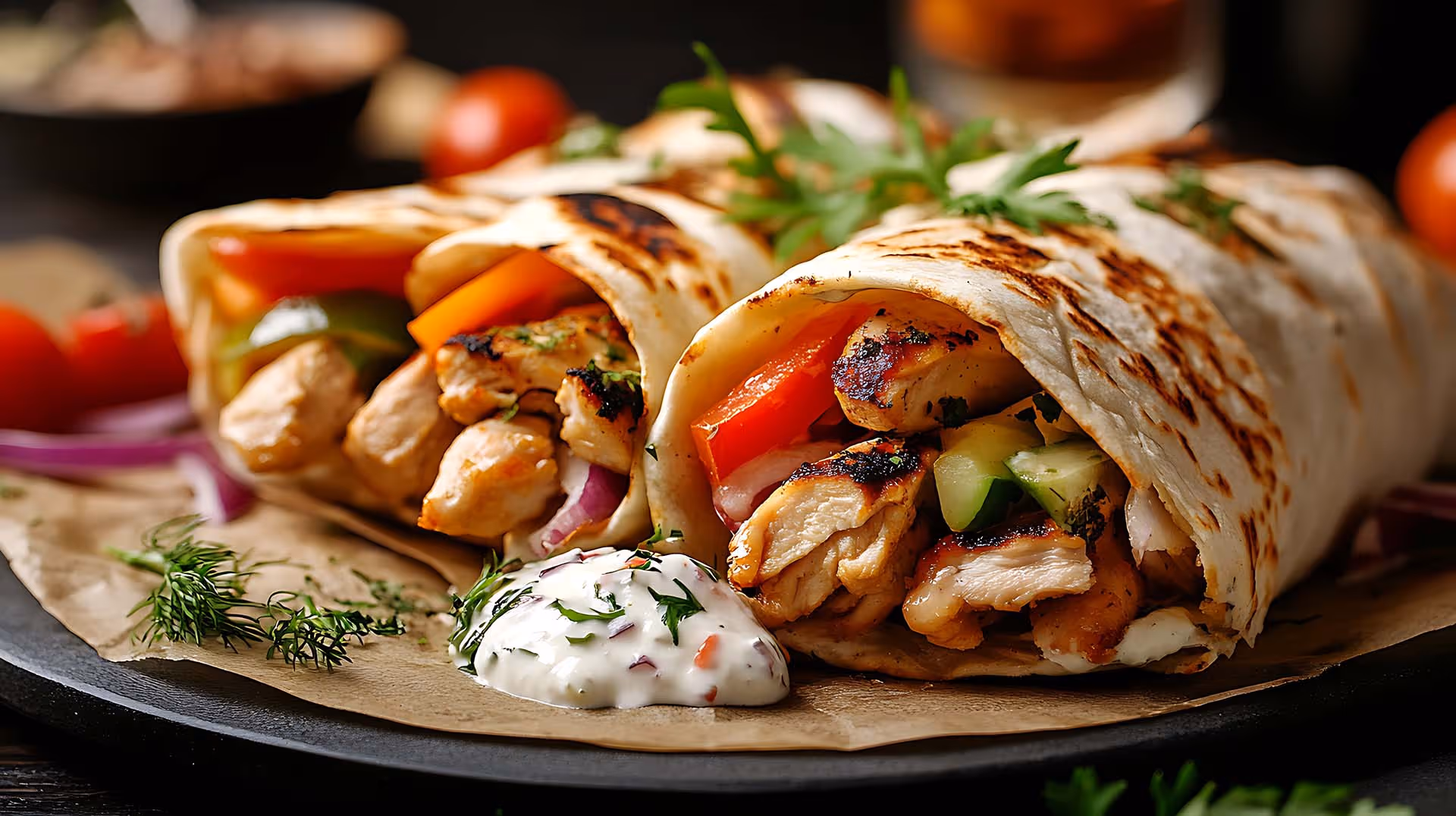 A plate of food with a wrap and a side of sauce.