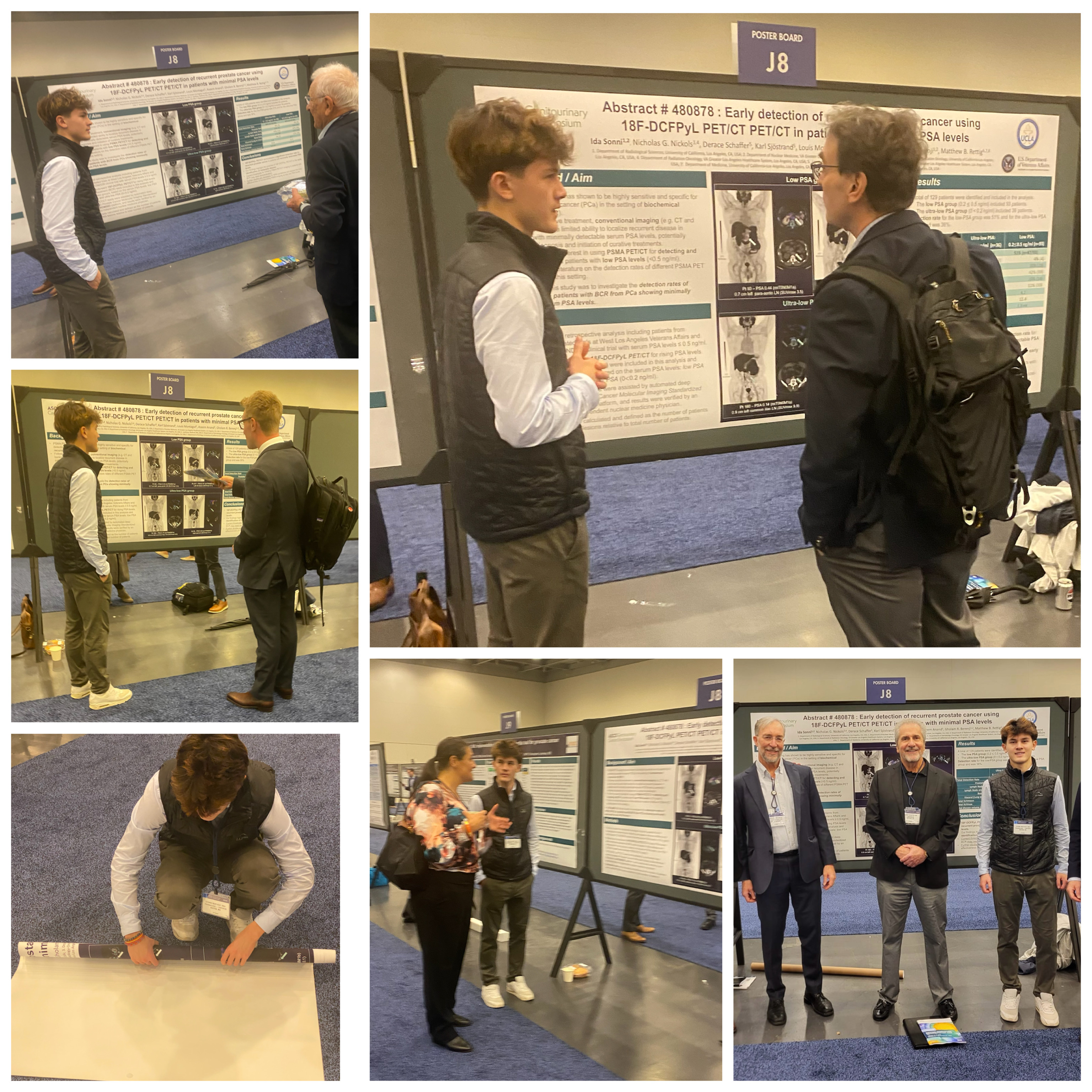 Collage of Louis Montagut presenting his research poster at the ASCO Genitourinary Cancers Symposium
