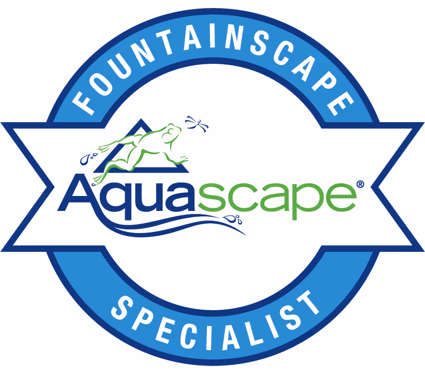 Aquascape logo with a frog, water splash, and dragonfly inside a blue circular badge reading 'Fountainscape Specialist.'