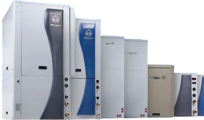 Row of water filtration or HVAC units in decreasing sizes from left to right.