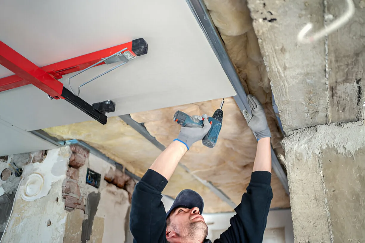 Worker using power drill on ceiling during construction or renovation project