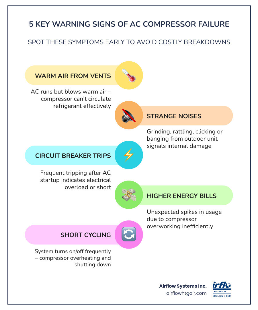 Infographic showing 7 warning signs of a failing AC compressor and what each symptom means - how to tell if your ac Infographic showing 7 warning signs of a failing AC compressor and what each symptom means - how to tell if your ac