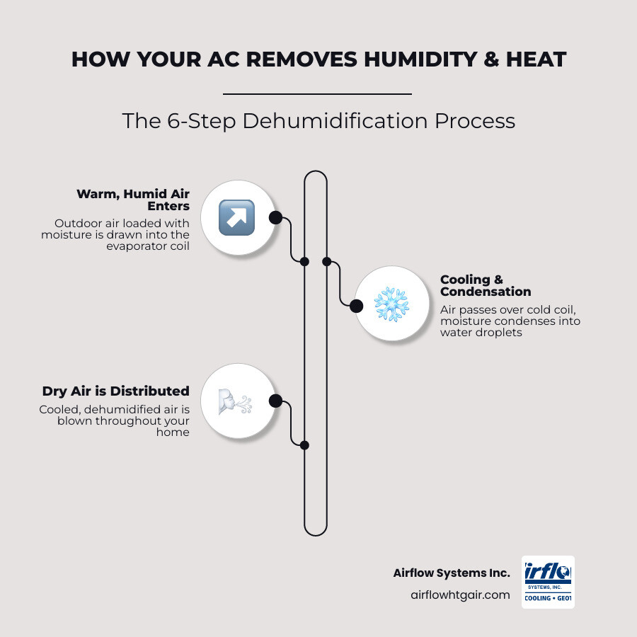 Infographic showing how an AC removes humidity and heat from indoor air in 6 steps - getting your air conditioner ready for