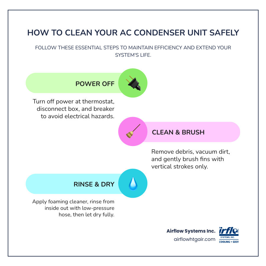 Step-by-step infographic showing how to safely clean an AC condenser unit outdoors - how to clean your ac condenser unit