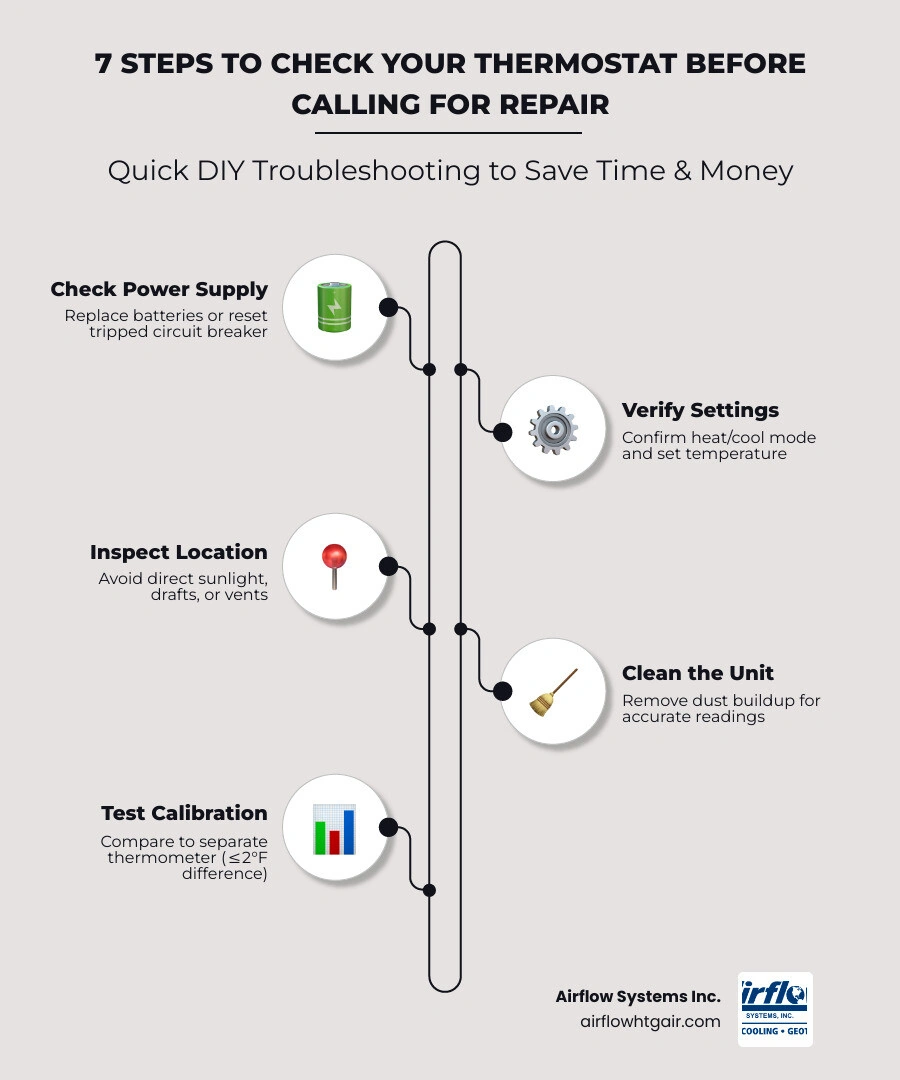 Infographic showing 7 steps to check your thermostat before calling for HVAC repair - how to check your thermostat before Infographic showing 7 steps to check your thermostat before calling for HVAC repair - how to check your thermostat before