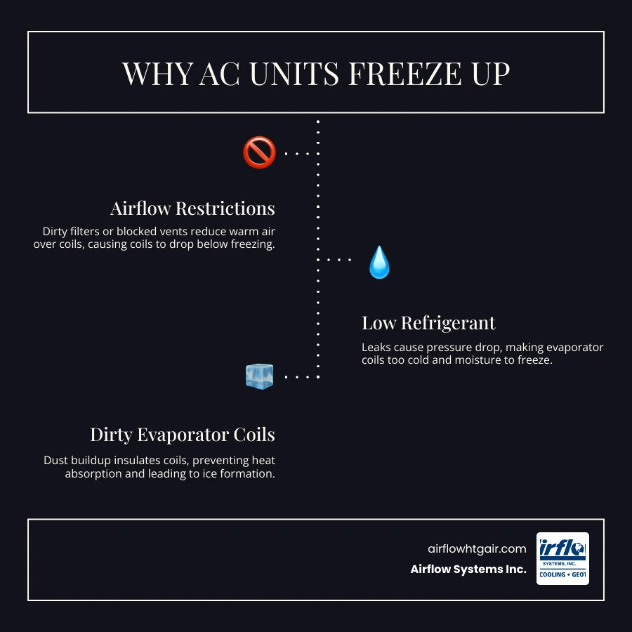 Infographic showing why AC units freeze: airflow restrictions, low refrigerant, dirty coils, and immediate steps to fix it