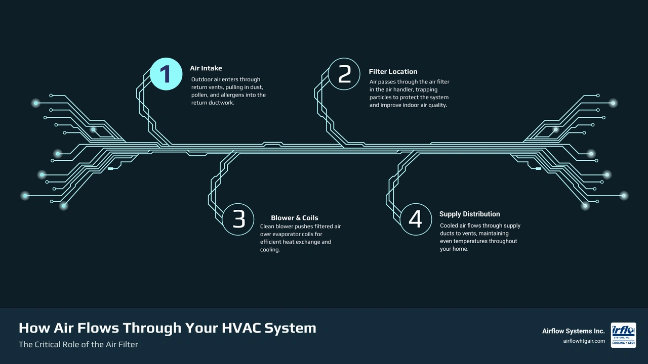 Infographic showing how air flows through a residential HVAC system and where the filter sits in the air handler - how dirty