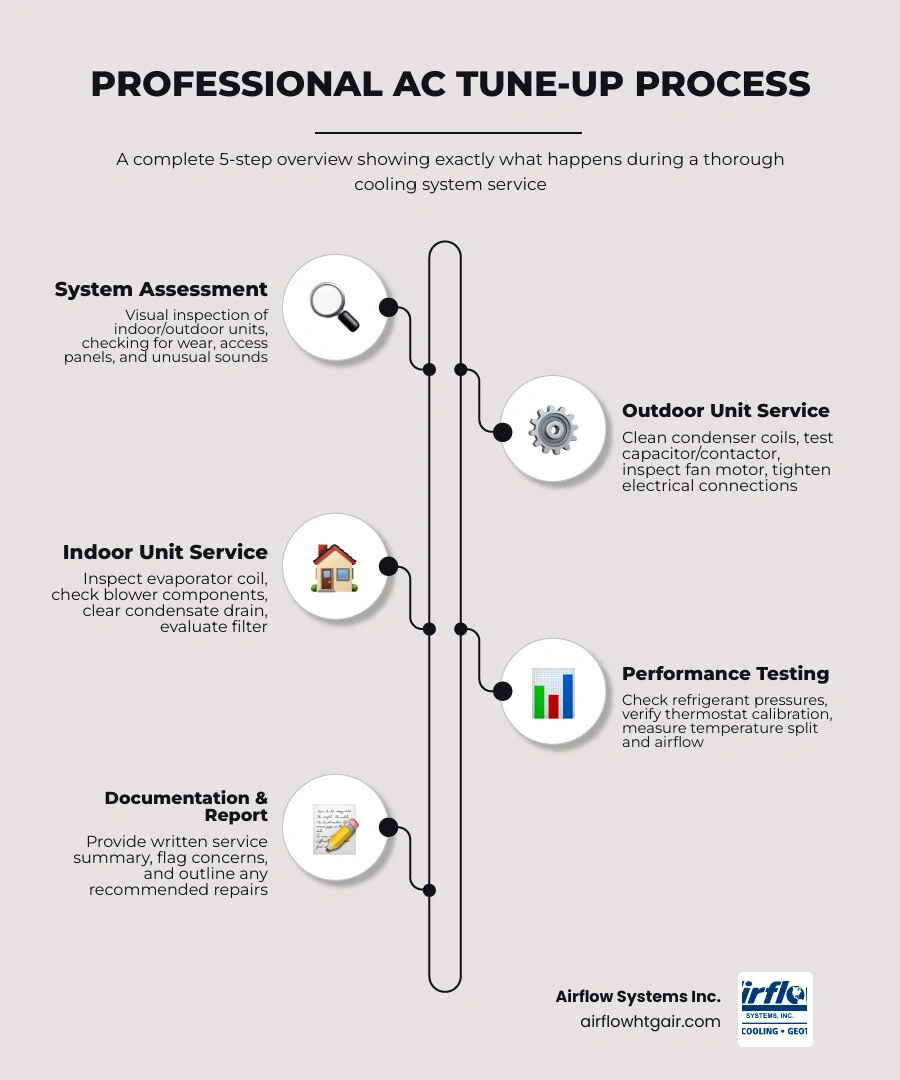 Infographic showing the 8 steps of a professional AC tune-up from initial inspection to final written report infographic