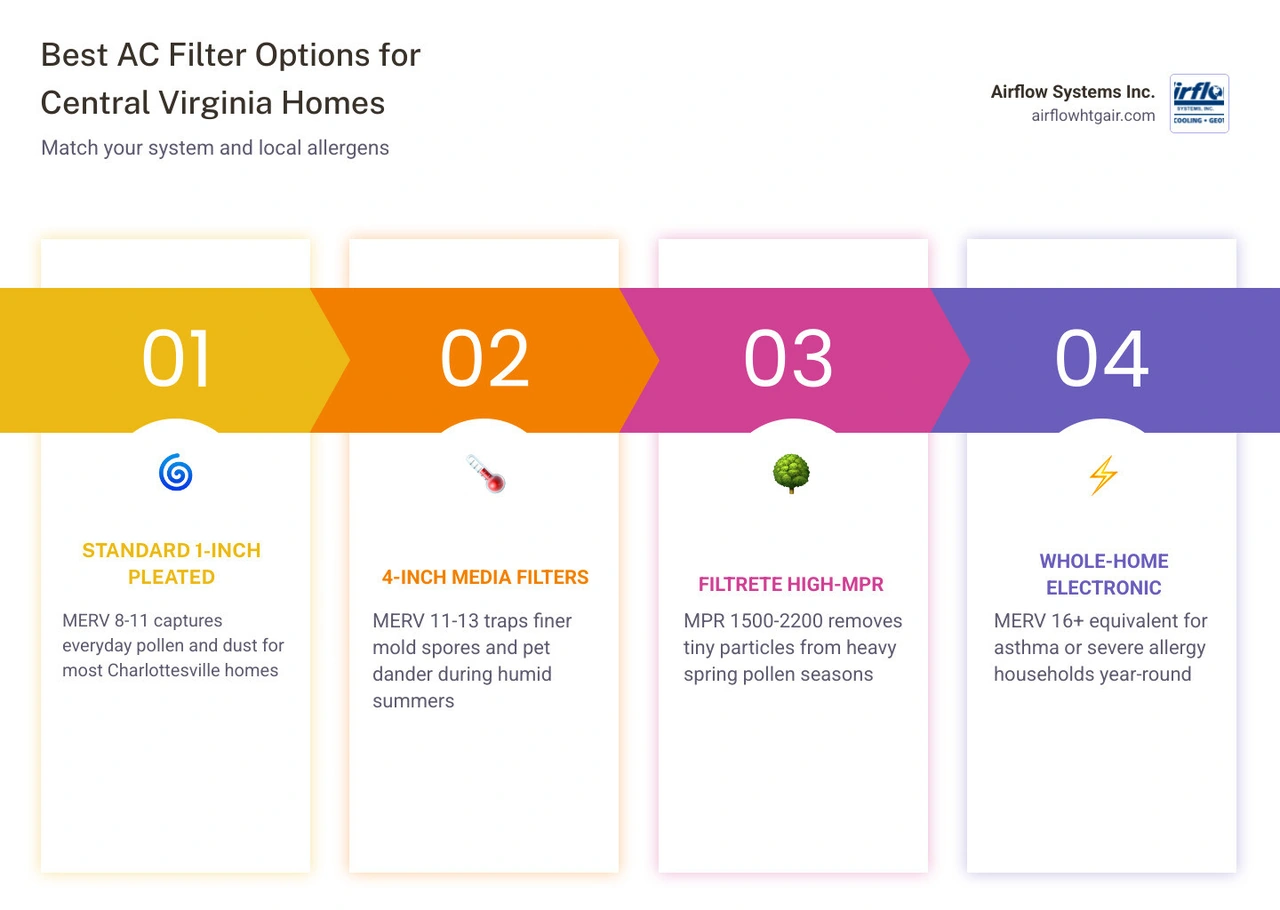 Infographic showing MERV rating scale, Central Virginia allergens, and recommended filter types for each household situation