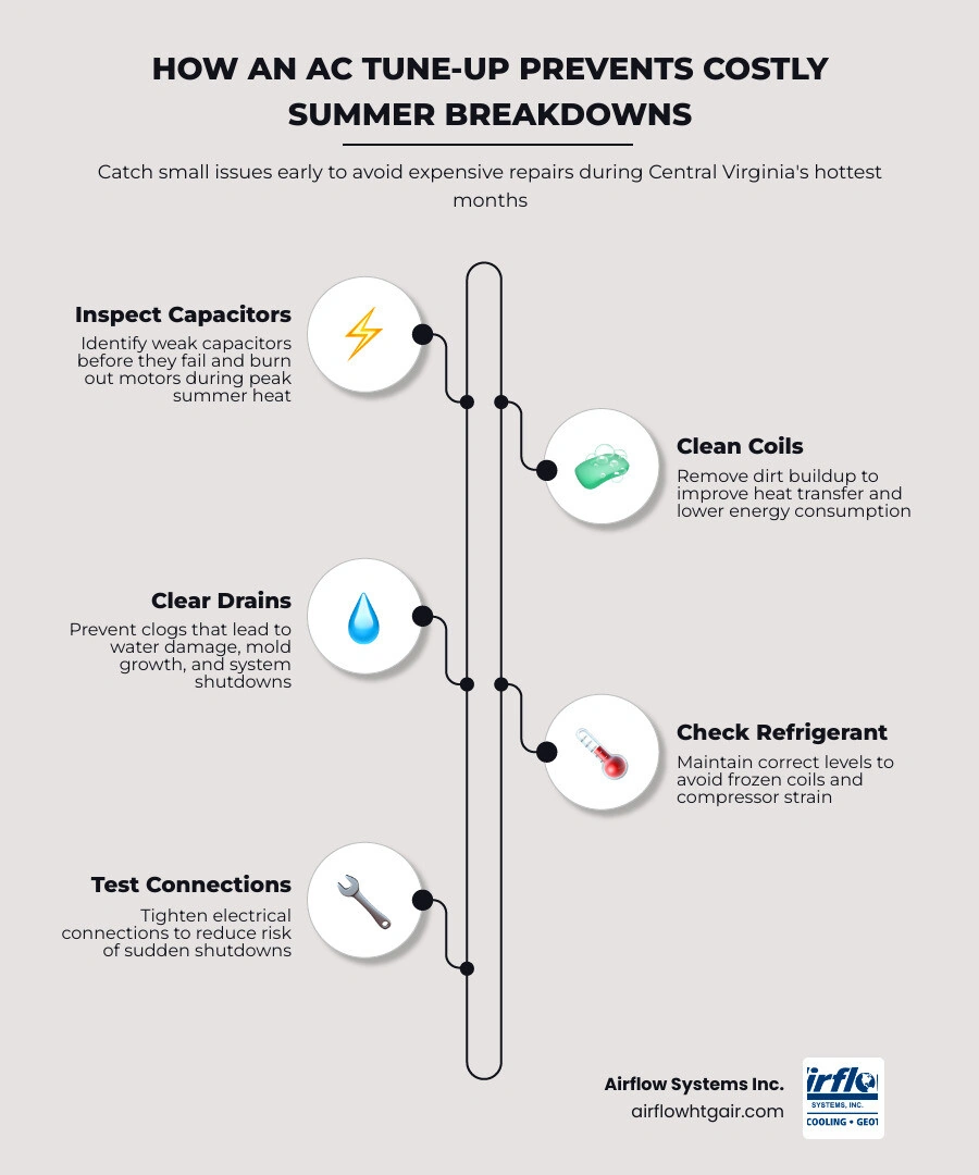 Infographic showing 7 ways a pre-summer AC tune-up prevents breakdowns and saves money infographic