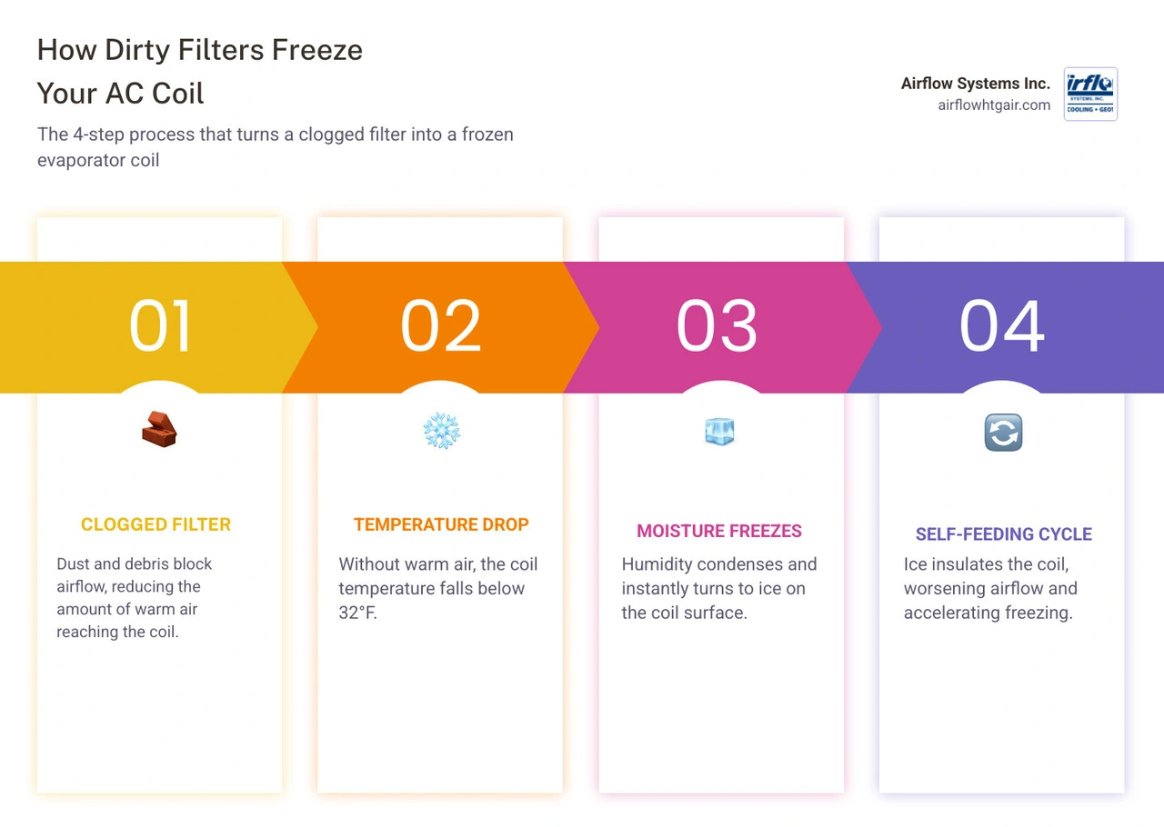 Infographic showing the 5-step cycle of how a dirty filter causes a frozen evaporator coil in a home AC system infographic Infographic showing the 5-step cycle of how a dirty filter causes a frozen evaporator coil in a home AC system infographic
